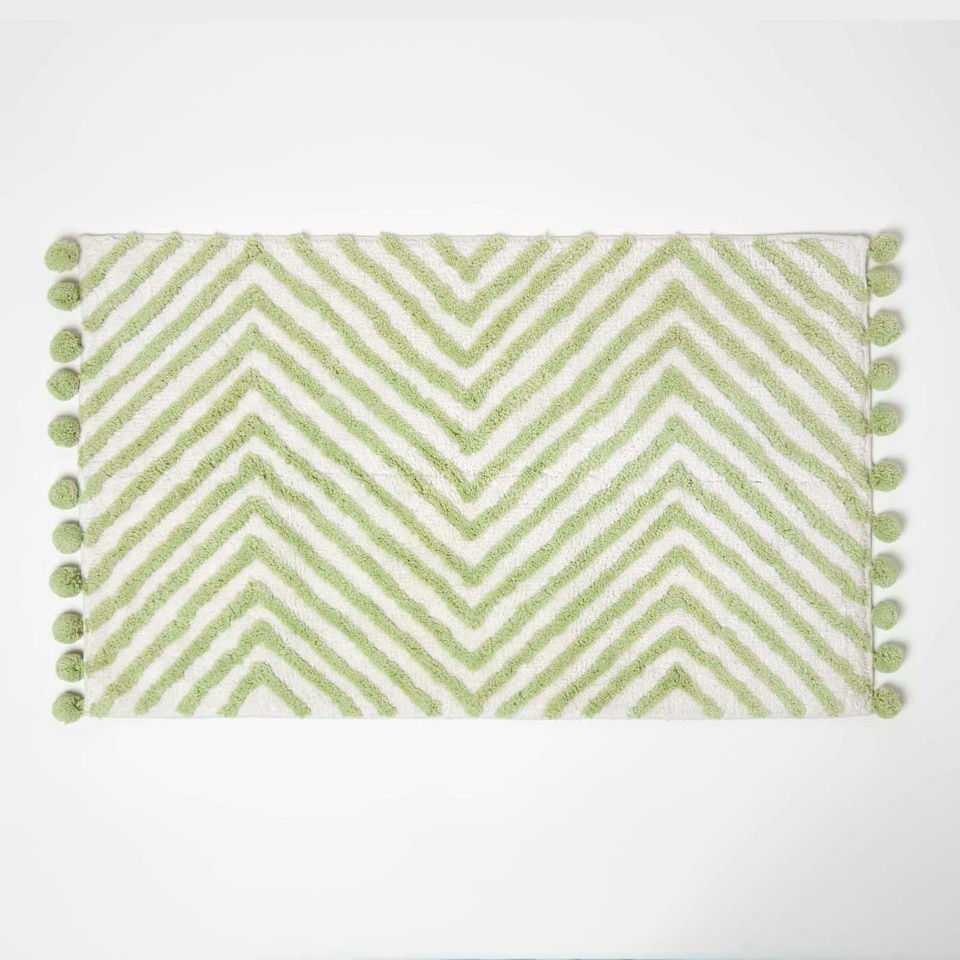 image 1 of Homescapes Sage Green Cotton Bath Mat Tufted Zig Zag with Pom Pom Edges - 50 x 80 cm Green