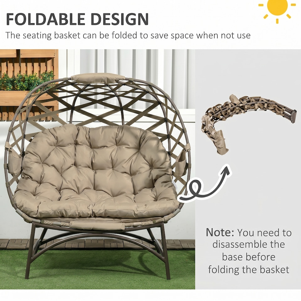 image 1 of Outsunny 2 Seater Egg Chair Outdoor with Cushion, Cup Pockets - Khaki