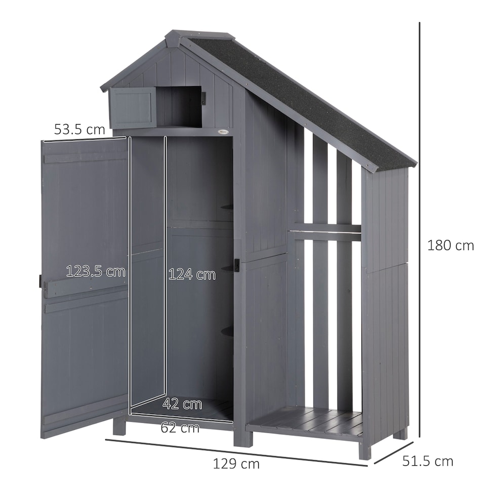 image 1 of Outsunny Wooden Garden Storage Shed with 3 Shelves, Outdoor Garden Tool Storage Cabinet with Tilt Roof, Firewood Rack Log Carrier, 129 x 51.5 x 180cm, Grey