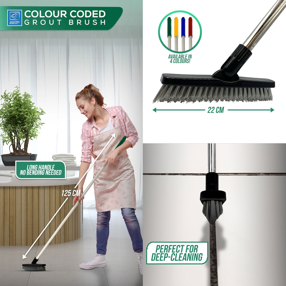 image 1 of Colour-Coded Angled Grout Brush with Handle 180° Swivel Tile & Corner Scrubber