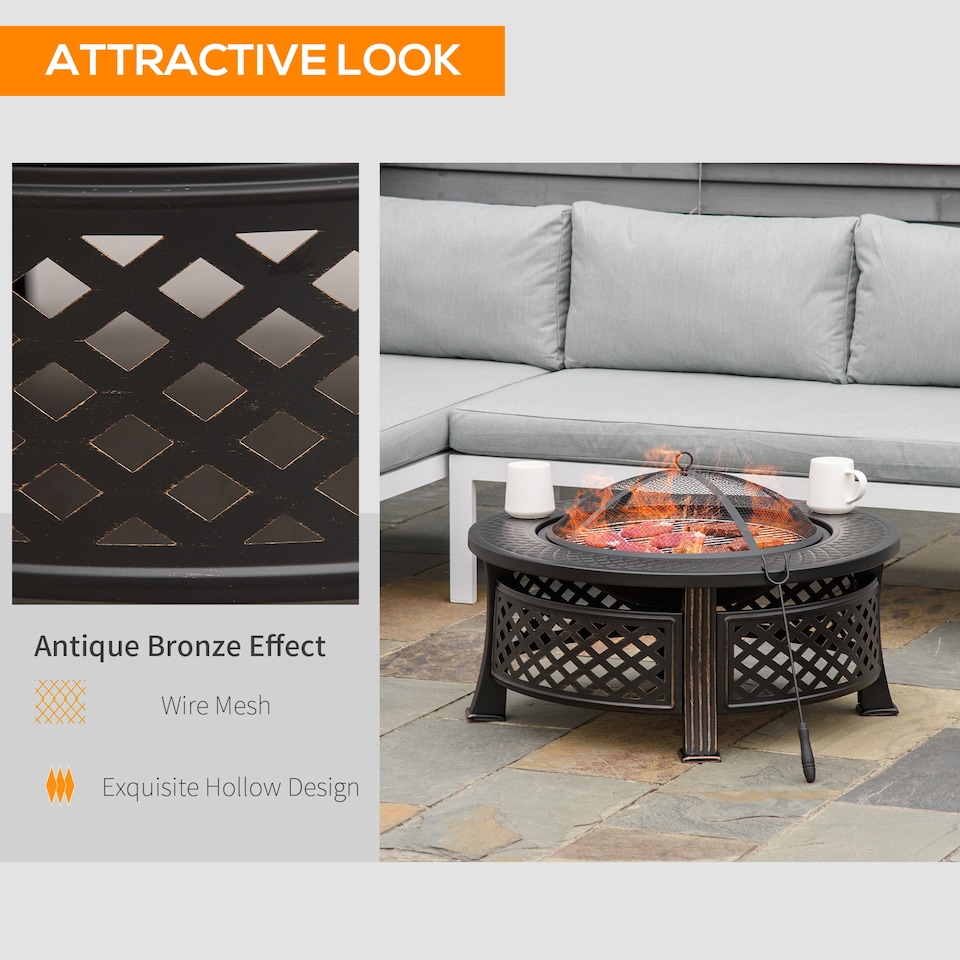 image 1 of Outsunny Outdoor Fire Pit,Round Firepit with Grill Net,Mesh Lid,Bronze Tone | Bronze | Bronze Tone | 81 x 81 x 50 cm