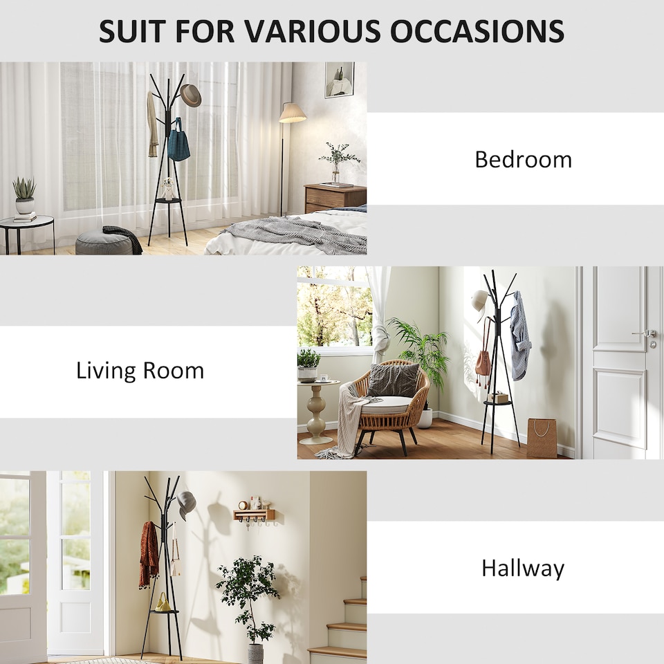 image 1 of HOMCOM Freestanding Metal Coat Rack Stand 9 Hooks Clothes Tree with 1 Shelf Hat Display Hall Tree Hanger Bag Umbrella Hanging Organiser Black