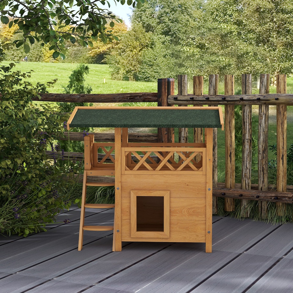 image 1 of PawHut Outdoor Cat House Kitten Shelter Puppy Kennel with Balcony Stairs Asphalt Roof, 77 x 50 x 73 cm