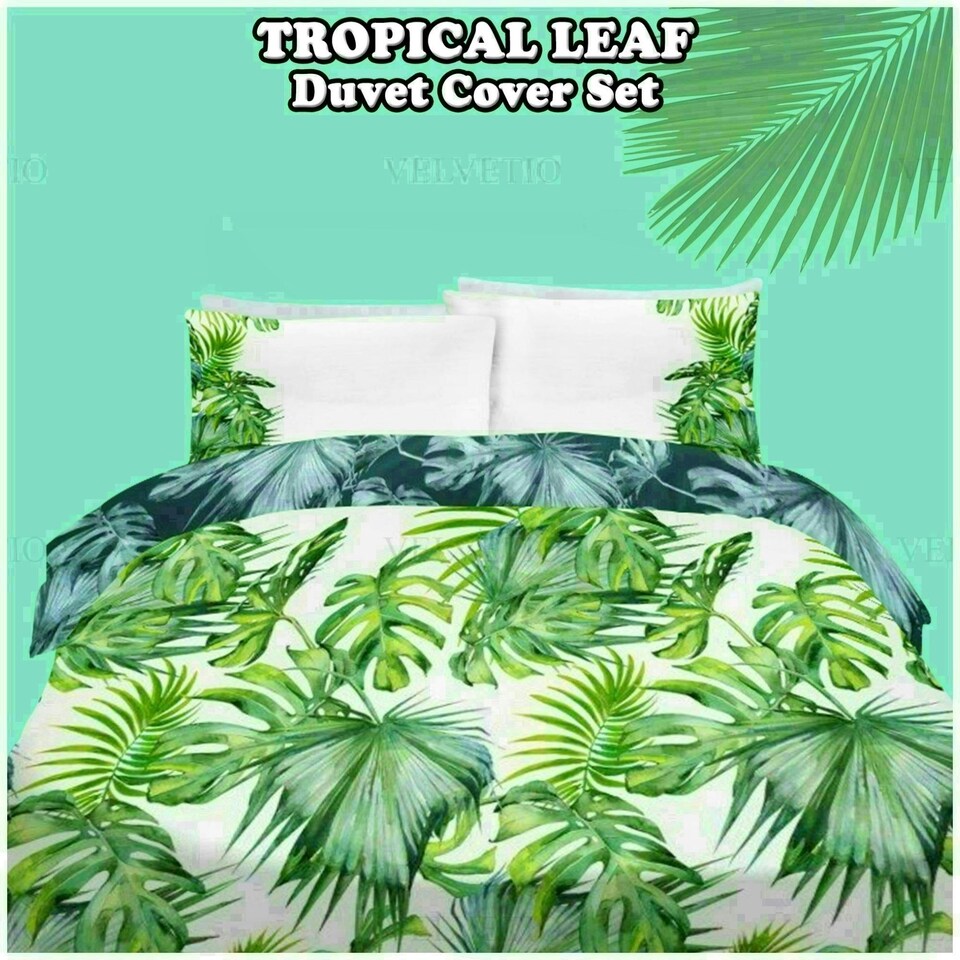 image 1 of Tropical Leaf Printed Duvet Cover Set Reversible Polycotton Beddings Multi | King