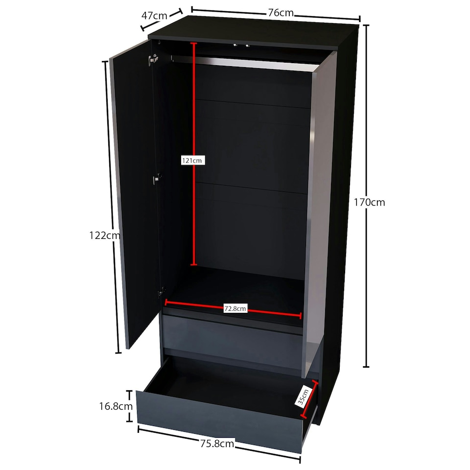 image 1 of Vida Designs Glinton 2 Door 2 Drawer Wardrobe High Gloss Doors With Shelf & Clothes Rail, 100% FSC, Black