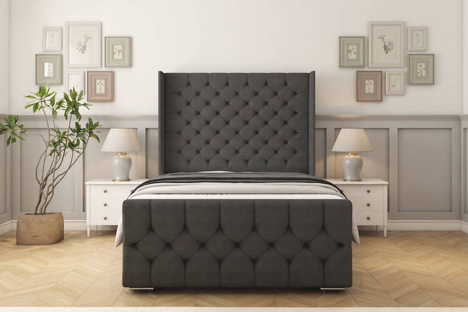 image 1 of Sloomy Luthor Graphite Dumfries Bed Frame With 50"  Upholstered Wingback Headboard 4' Small Double