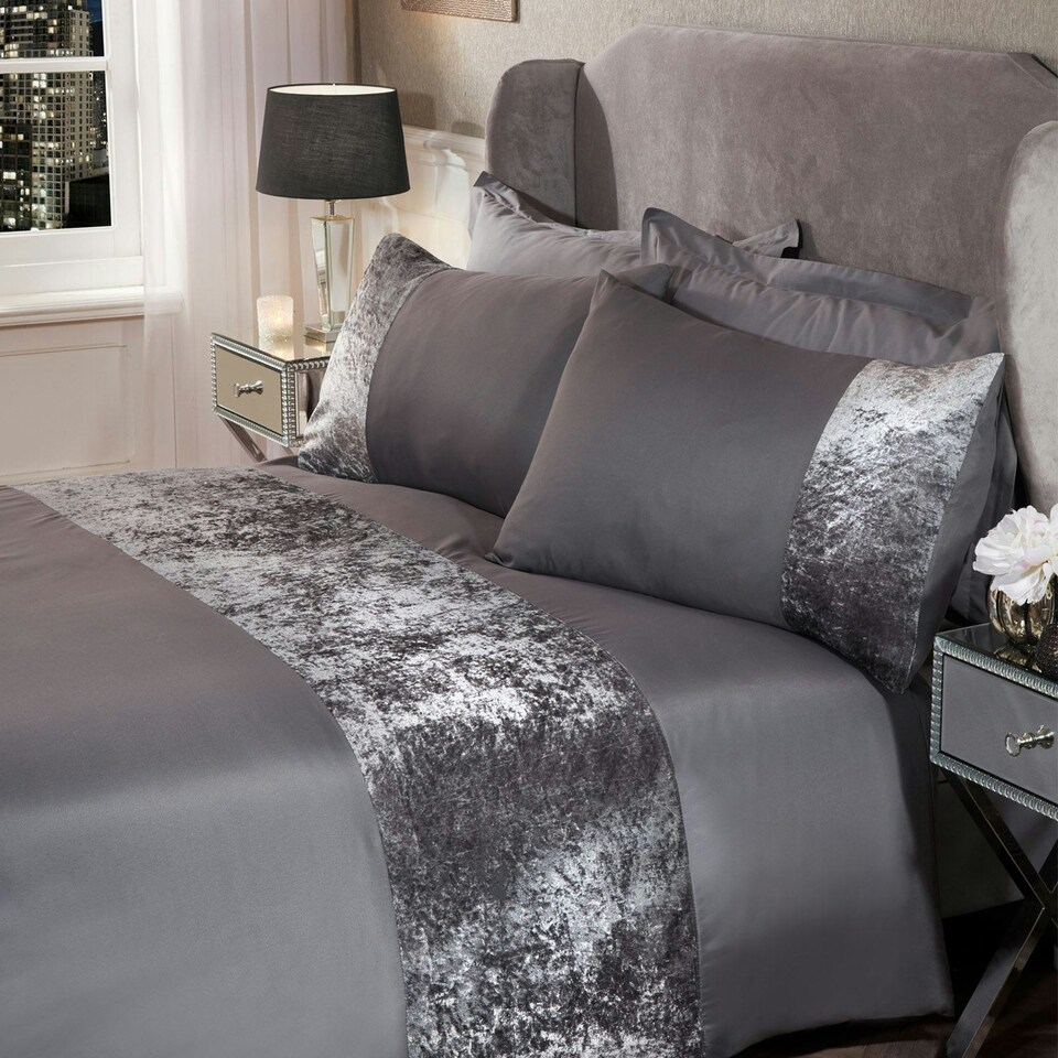 OHS Crushed Velvet Panel Duvet Cover and Pillowcase Set, Double - Silver