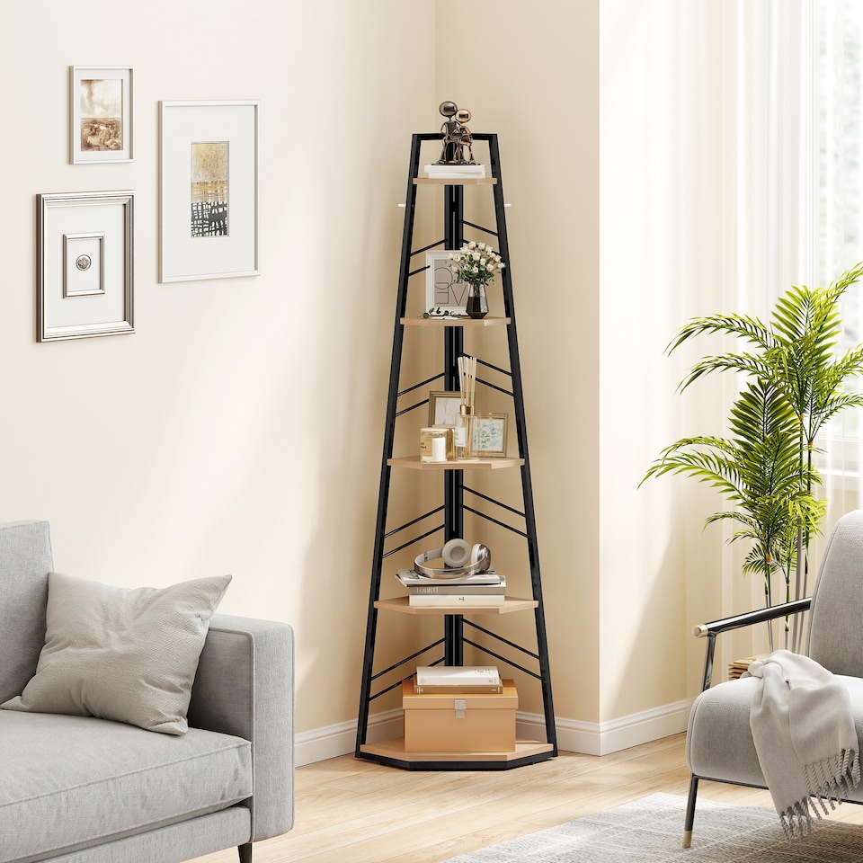 image 1 of HOMCOM 5-Tier Corner Bookcase, Floor Standing Shelving Unit | Brown | Natural wood finish | 36.5 x 36.5 x 159.5 cm