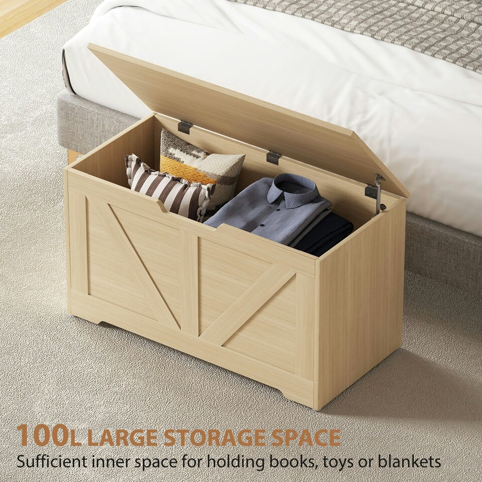 image 1 of HOMCOM Storage Trunk with 2 Safety Hinges, 80cm, Natural Wood Finish | Brown | 80 x 40 x 45 cm