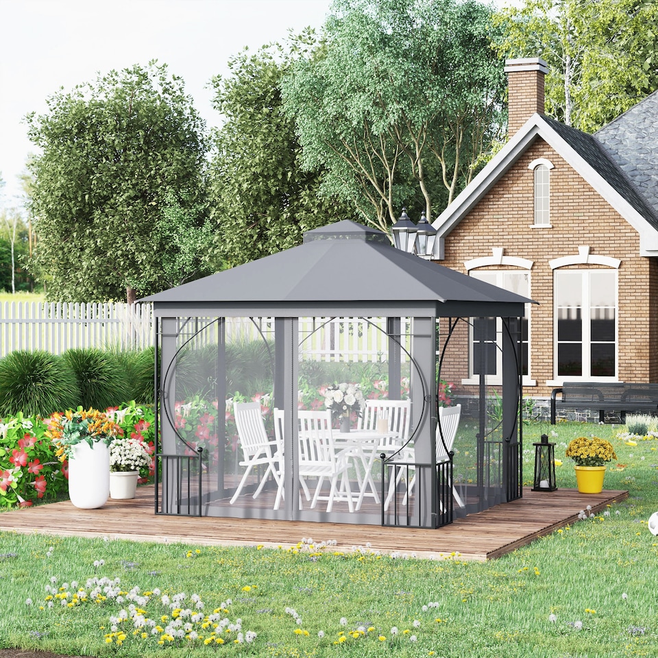 image 1 of Outsunny 3 x 3m Garden Gazebo Patio Party Tent Shelter Outdoor Canopy Double Tier Sun Shade with Metal Frame and Netting, Light Grey