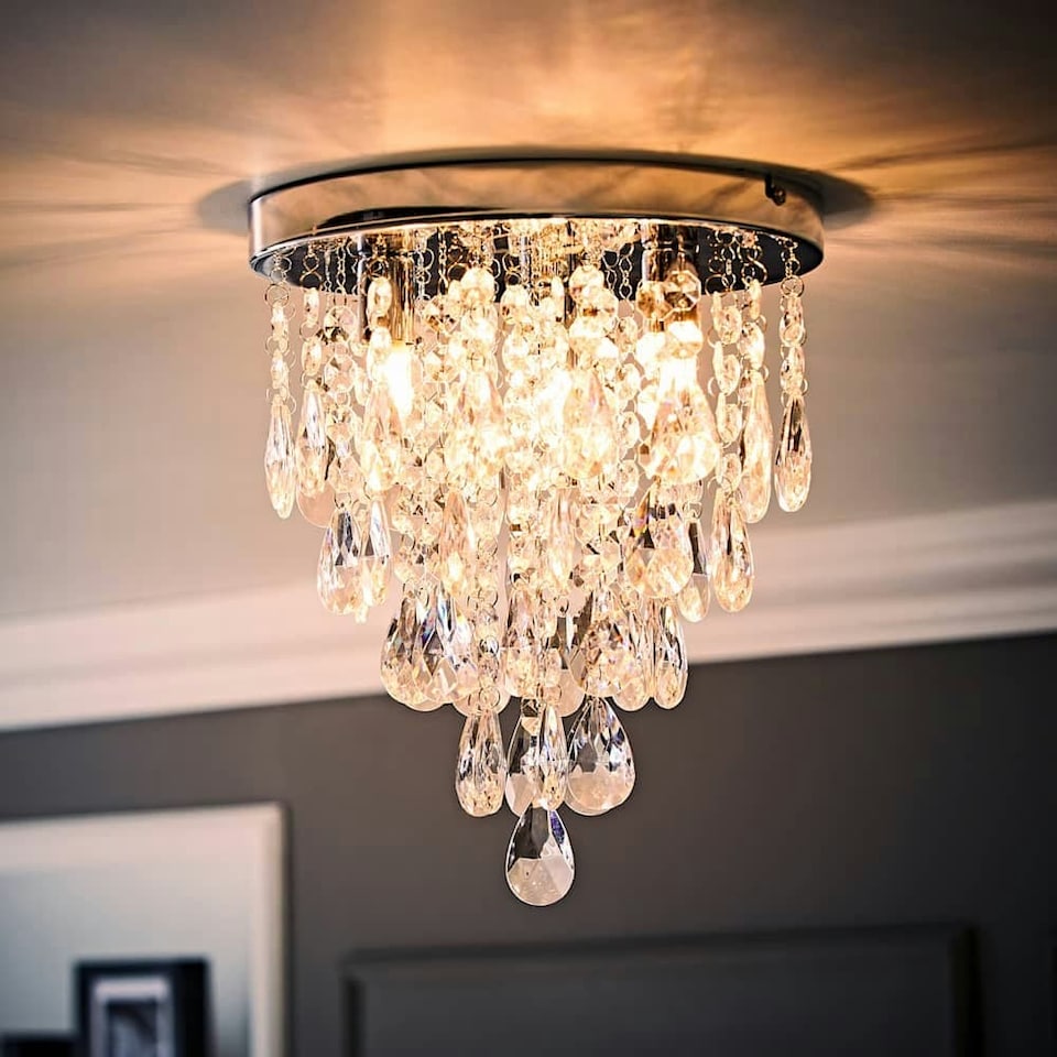 image 1 of ValueLights Lara Chrome Flush Chandelier Style Acrylic Droplet Ceiling Light | Chrome