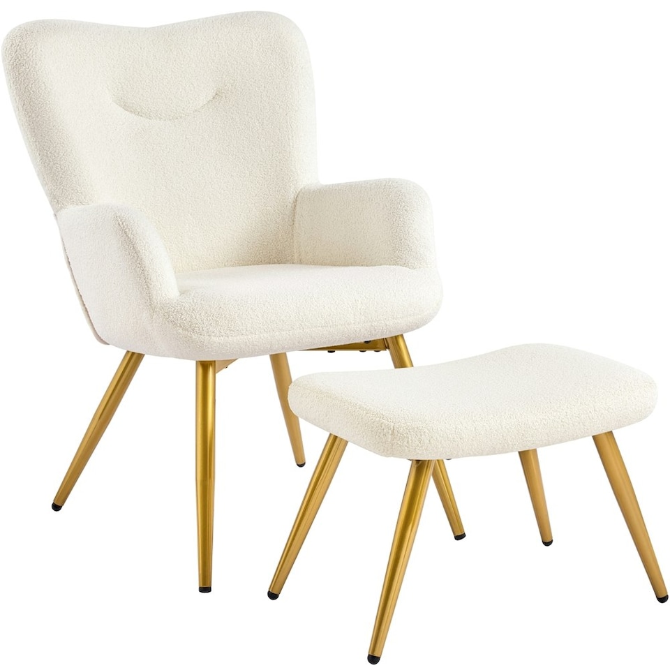 image 1 of Yaheetech Boucle Accent Chair and Ottoman Set with Metal Legs White | Ivory