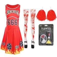 Devil Cheerleader Costume - Facepaint, Bloody Tights, and Pom Poms | Red | XL