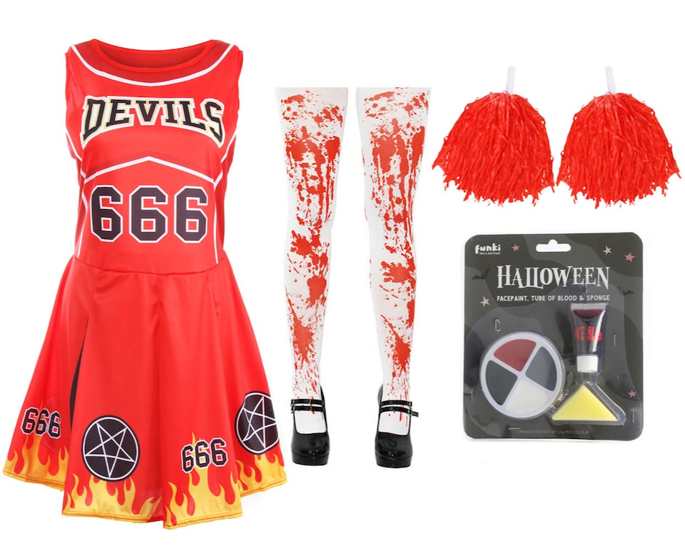 image 1 of Devil Cheerleader Costume - Facepaint, Bloody Tights, and Pom Poms | Red | XL
