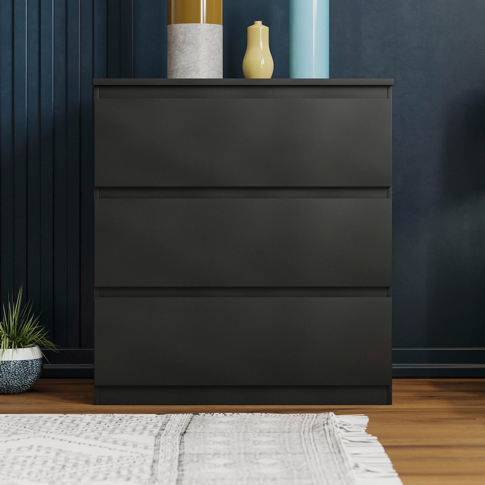 image 1 of Vida Designs Denver 3 Drawer Chest of Drawers Bedroom Storage, Black