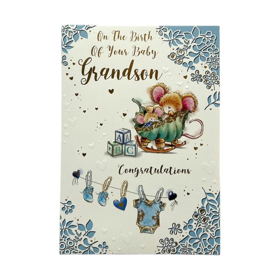 image 1 of On Birth Grandson Cute Mouse With Alphabet Blocks Design Congratulations Card