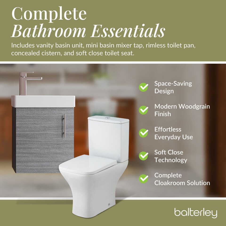 image 1 of Balterley Saint Cloakroom Set - Wall Hung Vanity Basin Unit, Toilet Pan, Cistern, Seat & Mini Basin Tap - Balterley | White | Grey Woodgrain | 520.0000 x 405.0000 x 222.0000mm