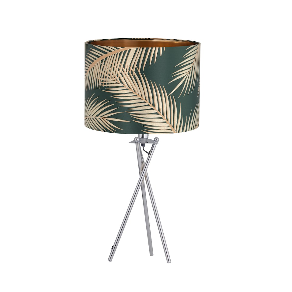 image 1 of Set of 2 Tropica - Chrome Tripod Lamps with Dark Green and Gold Shades | Chrome | Polished chrome plate and dark green fabric and gold embossed foil | 2