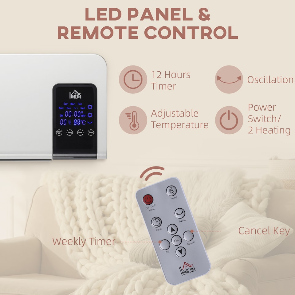 image 1 of HOMCOM Electric Heater, 2000W Wall Mounted Ceramic Space Heater with Remote Control, 2 Modes, Timer, Oscillation, Overheat Protection for Home, White