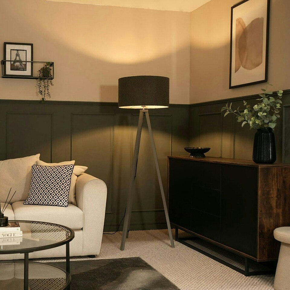 image 1 of ValueLights Barbro Grey Tripod Floor Lamp Drum Shade & Bulb