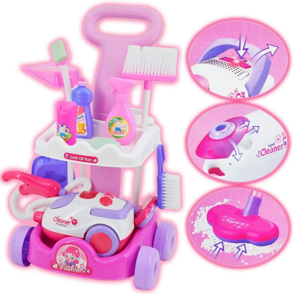 image 1 of Housekeeping Cleaning Trolley Playset with Working Vacuum & Accessories – Kids Role Play Cleaning Set