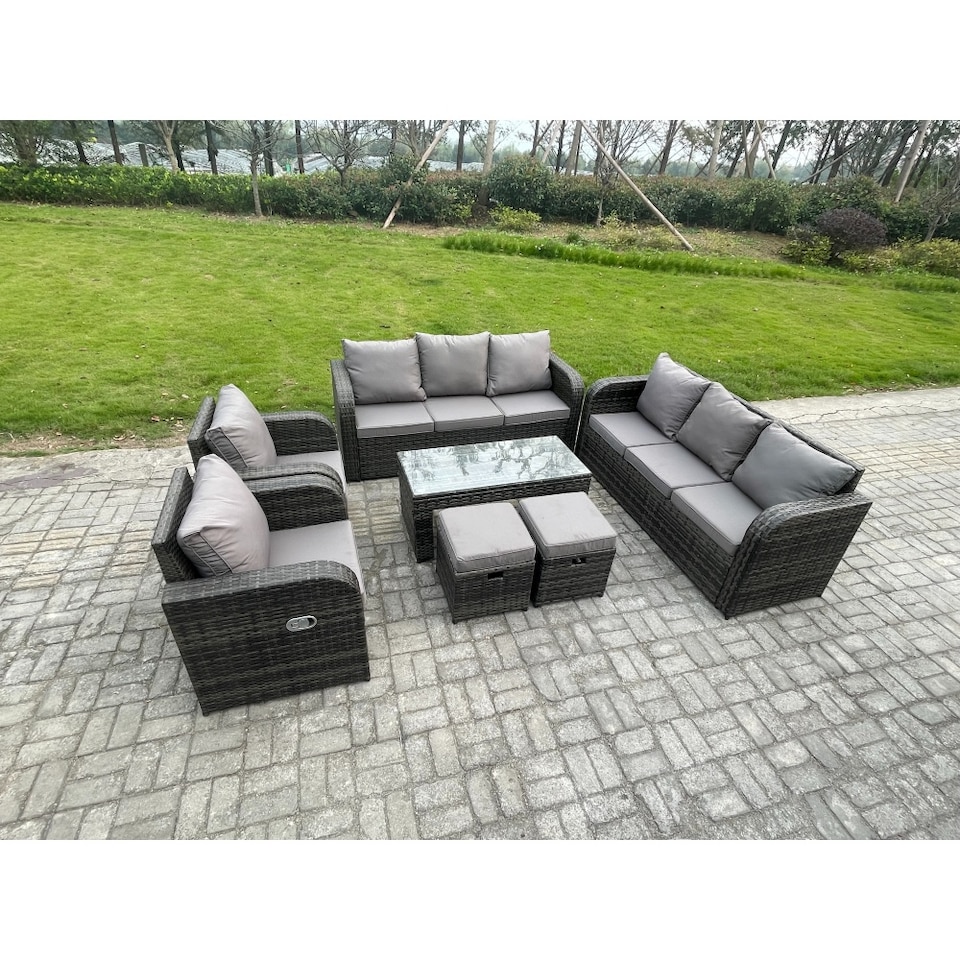 image 1 of Fimous Patio Garden Furniture Sets Wicker 10 Seater Outdoor Rattan Furniture Sofa Sets with Rectangular Coffee Table Reclining Chair 2 Small Footstools