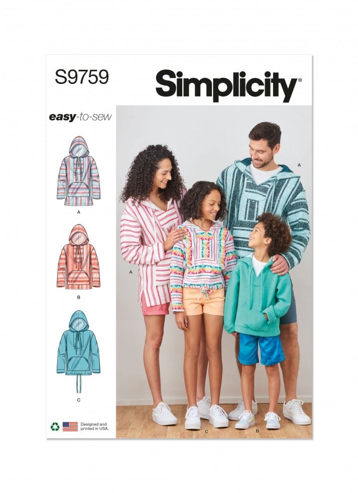 Simplicity 9759 Paper Sewing Pattern – Children’s, Teenagers’, Men’s & Women’s Hoodies & Sweaters, Size A (XS–L / XS–XL), Easy