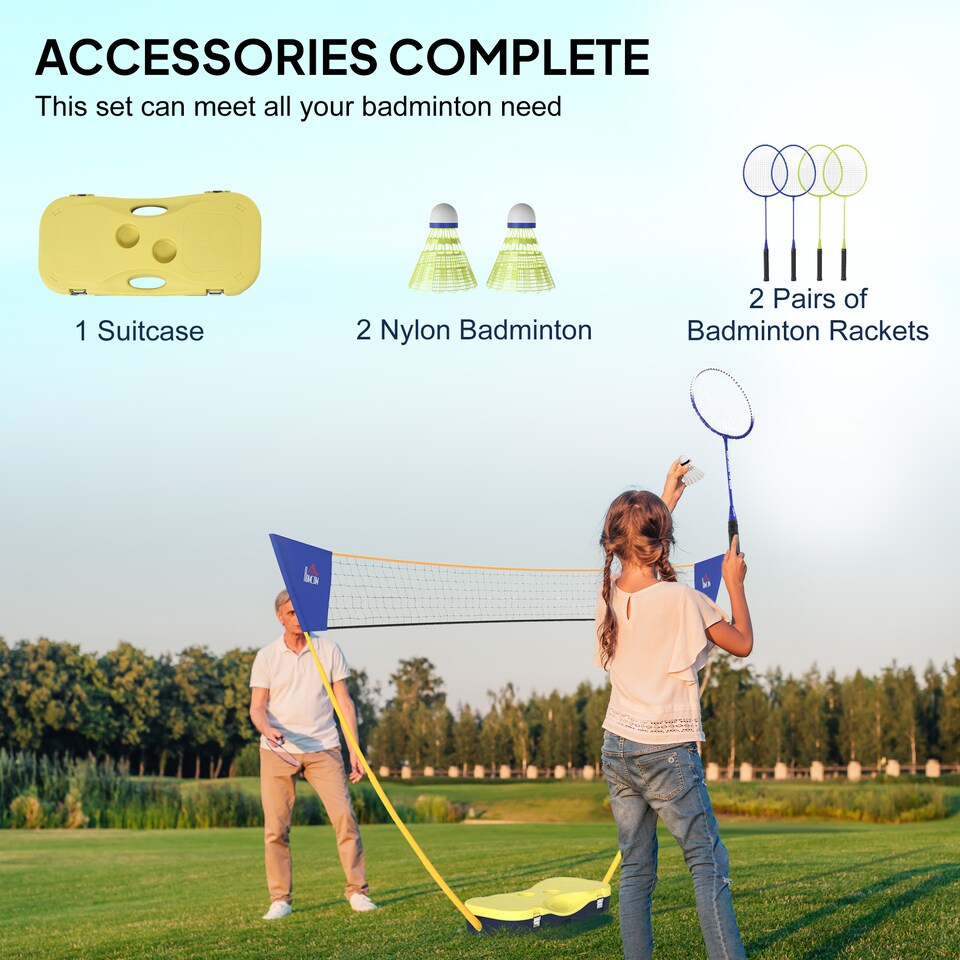 image 1 of HOMCOM Foldable Badminton Net Set with 2 Pairs of Rackets 2 Nylon Shuttlecocks