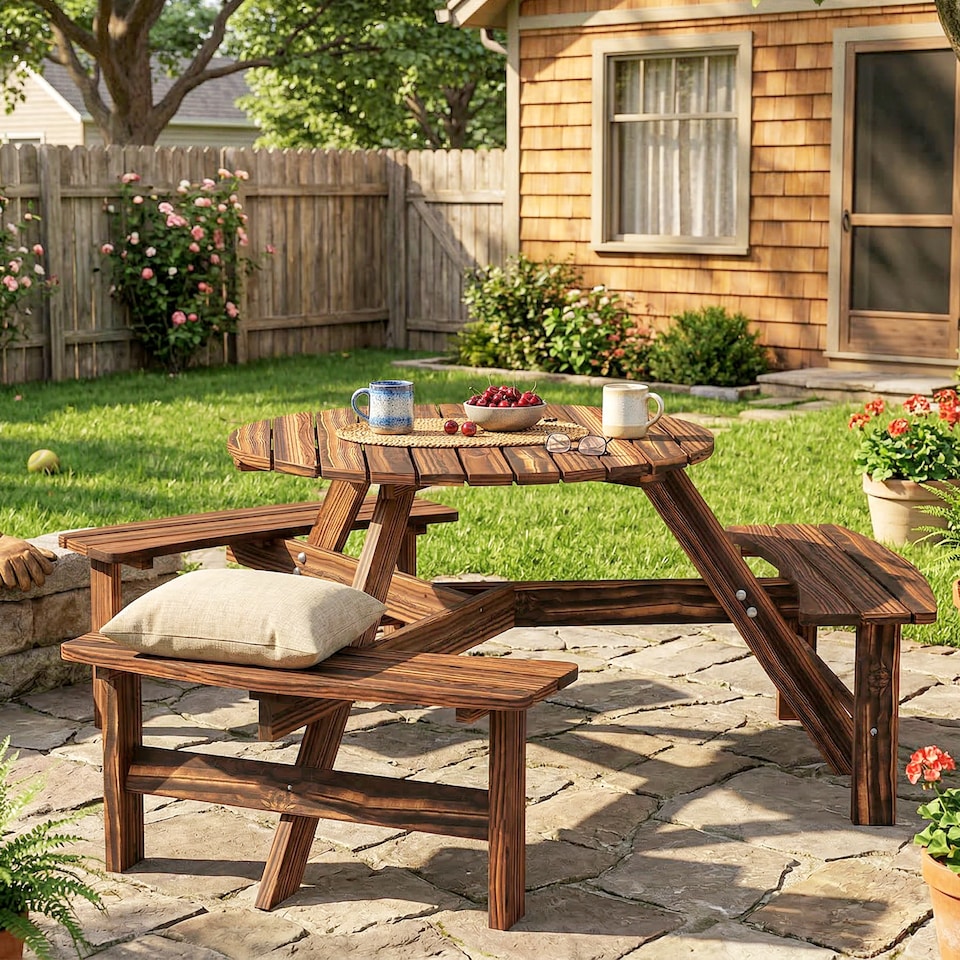 image 1 of Outsunny 6 Person Fir Wood Table Bench Set Outdoor Garden Patio, Carbonized | Brown | Carbonised finish | Table: 90 x 70 cm; Bench: 80 x 25 x 42 cm