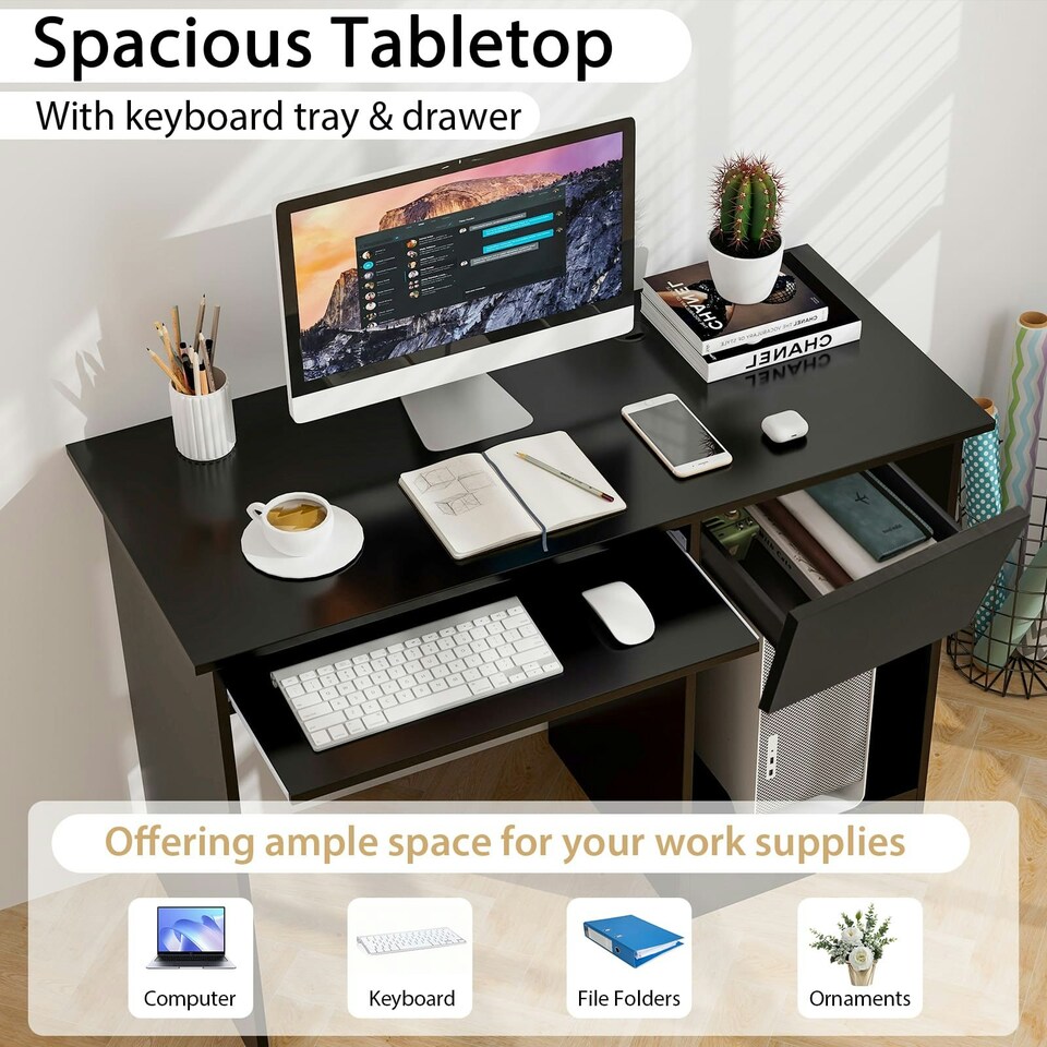 image 1 of COSTWAY Computer Desk Workstation Laptop Table w/Drawer Black Black