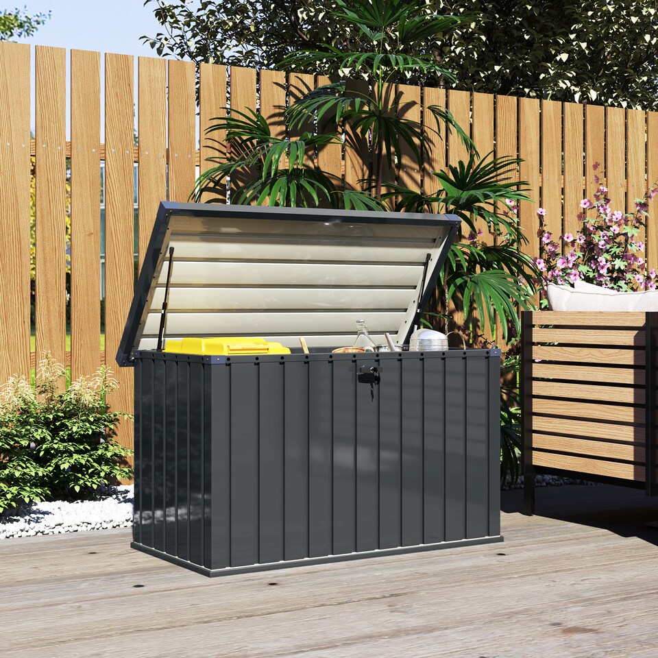image 1 of Outsunny 400L Garden Storage Box Waterproof Metal Outdoor Storage Box with Lockable Lid, Storage Container Furniture Deck Box, 124 x 66 x 72 cm, Dark Grey