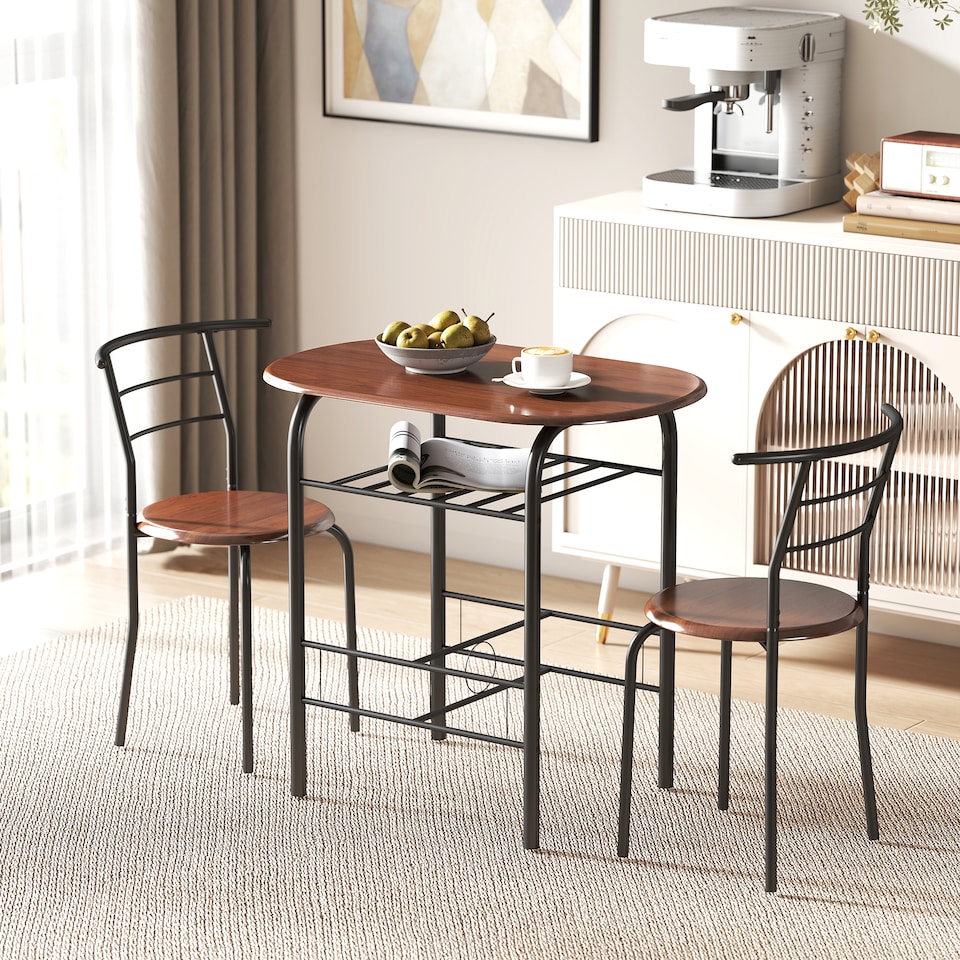image 1 of HOMCOM Dining Table and Chairs Set 3, Breakfast Bar Table and 2 Chairs with Storage Shelf, Wood-Effect Tabletop, Metal Frame, Dining Room Set for Living Room, Small Space, Natural