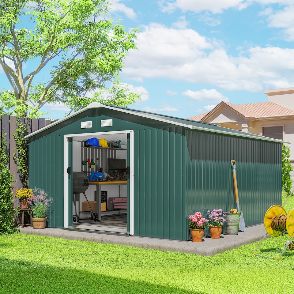 image 1 of Outsunny 13 x 11ft Metal Garden Shed, Outdoor Storage Tool House with Ventilation Slots, Foundation Kit and Lockable Double Doors, Green