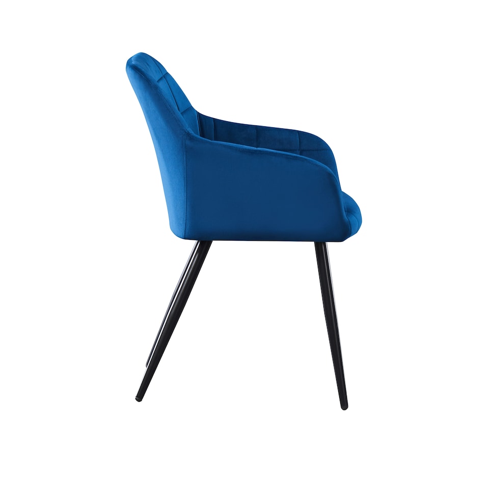 image 1 of Set of 4 Camden Modern Velvet Dining Chairs with Armrests, Quilted Design & Black Metal Legs | Blue
