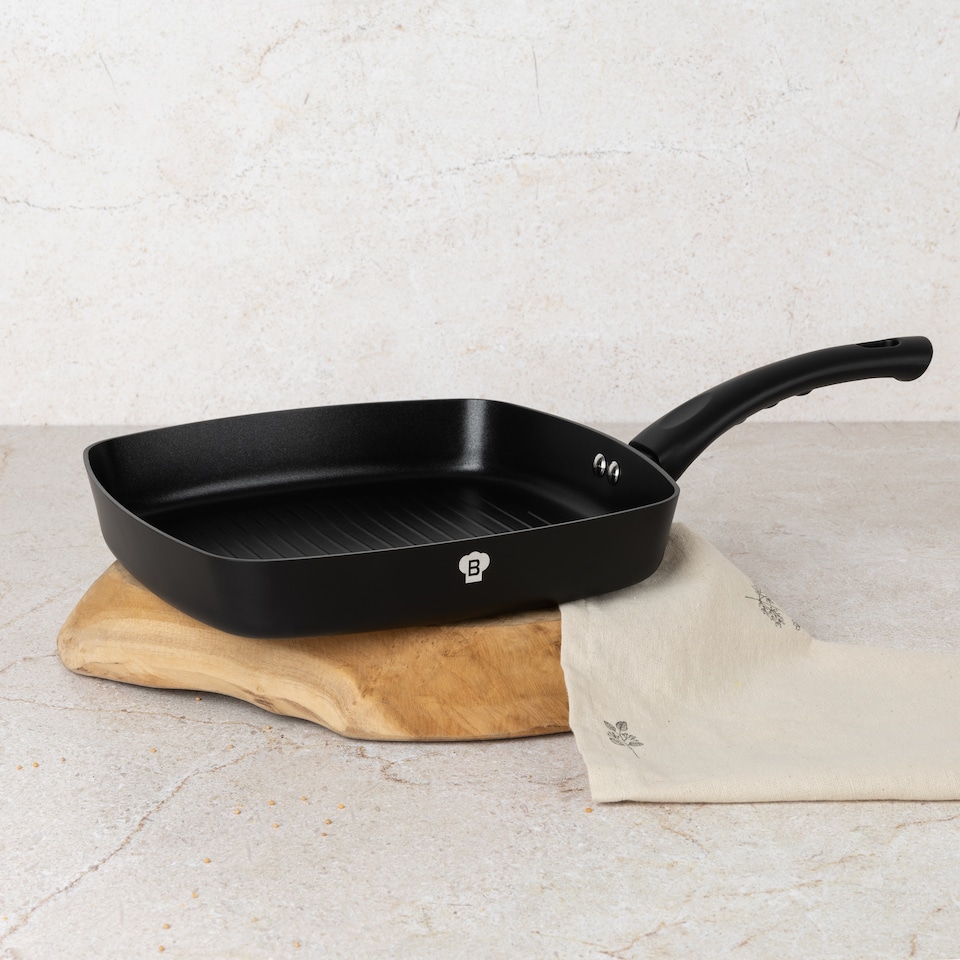 image 1 of Blaumann Cookware Frying Grill Pots Pan Saucepan Casserole Soft Touch Handle Lid | Black | Matt Black | 26cm Ribbed Grill Pan - 2L