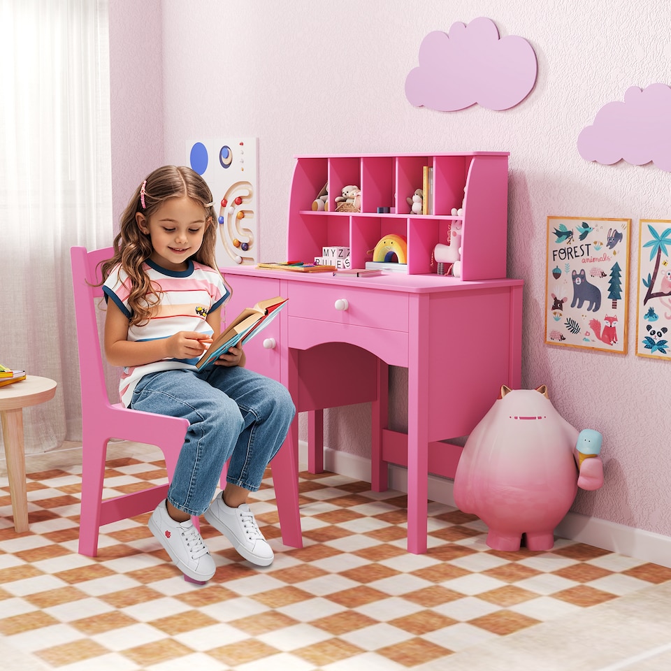 image 1 of COSTWAY Kids Study Desk and Chair Set Children Wooden Craft Table & Chair-Pink
