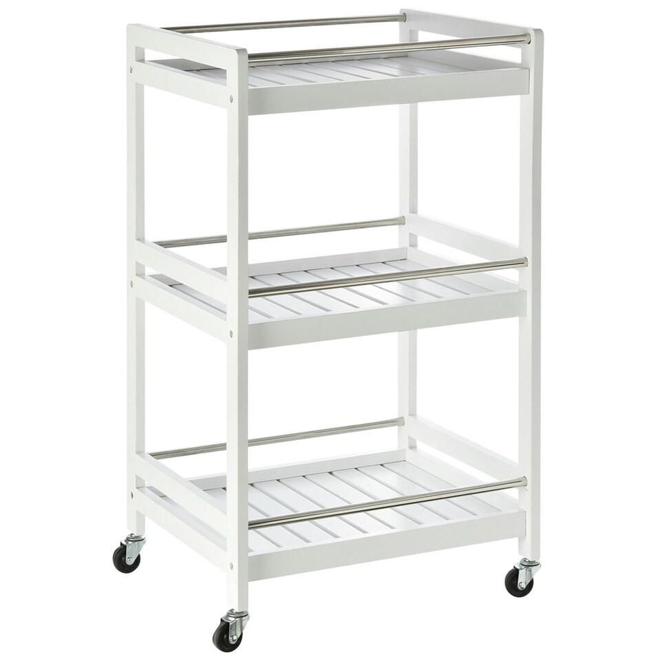 image 1 of HOMCOM 3-Tier Home Trolley Kitchen Storage w/ Steel Bars 4 Wheels Rolling White