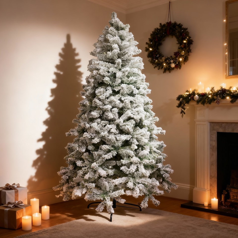 image 1 of 7FT Yukon Pine Artificial Green Christmas Tree Snow Flocked Tips Branches Snowy Bushy Home Decorations