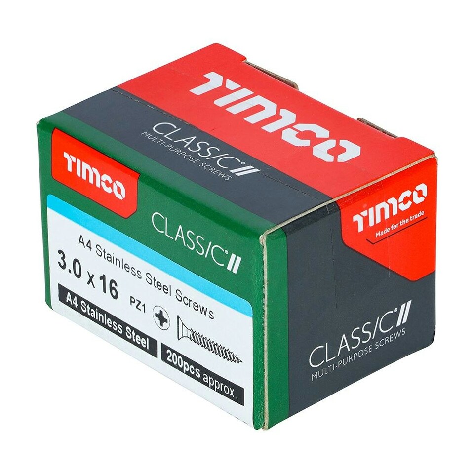 image 1 of Timco - Classic Multi-Purpose Screws - PZ - Double Countersunk - A4 Stainless Steel (Size 3.0 x 16 - 200 Pieces)