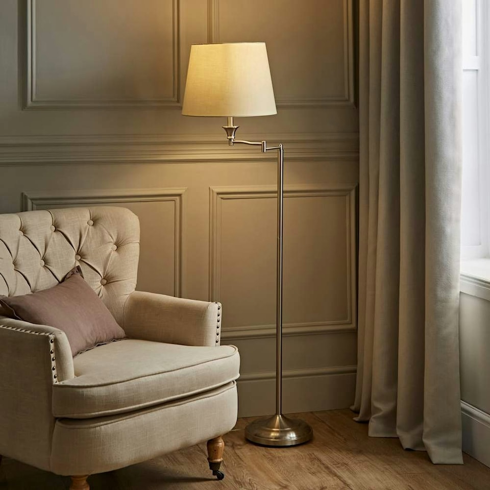 image 1 of ValueLights Adjustable Swing Arm Floor Lamp In Brushed Chrome Finish With Beige Light Shade