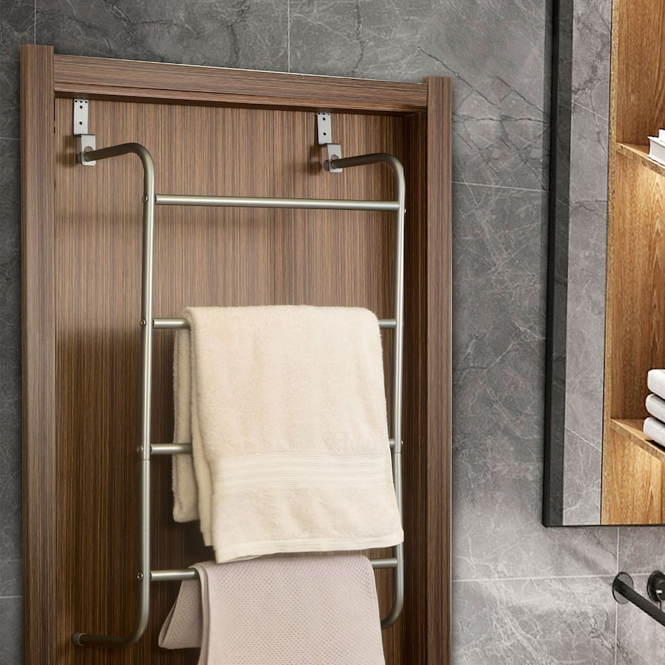 image 1 of House of Home Over-Door Towel Rack 4-Tier Bathroom Silver Storage Hanger Rail Bath Hand Towels