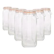 Argon Tableware Square Glass Jars with Clip-Top Lids - 2L - Pack of 6