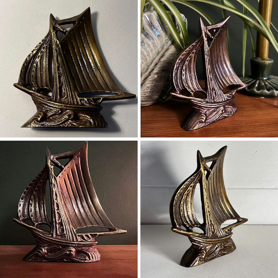 image 1 of Antique style Brass Galleon Ship Paperweight,  Nautical Desk Ornament for Home or Office Decor, Distressed Gold Patina Finish