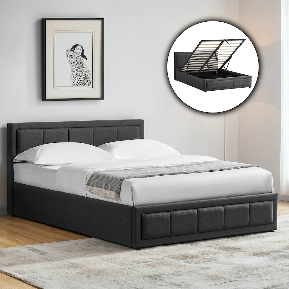 image 1 of Vida Designs Vanita 4ft6 Double Ottoman Bed Storage Fabric Upholstered, Dark Grey, 135 x 190cm