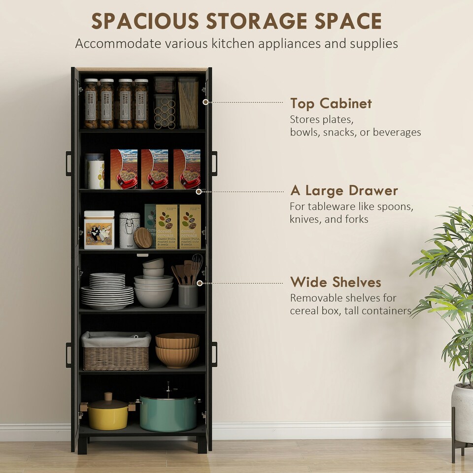 image 1 of HOMCOM Modern Kitchen Cupboard Storage Cabinet with 4 Shelves, Black Grey