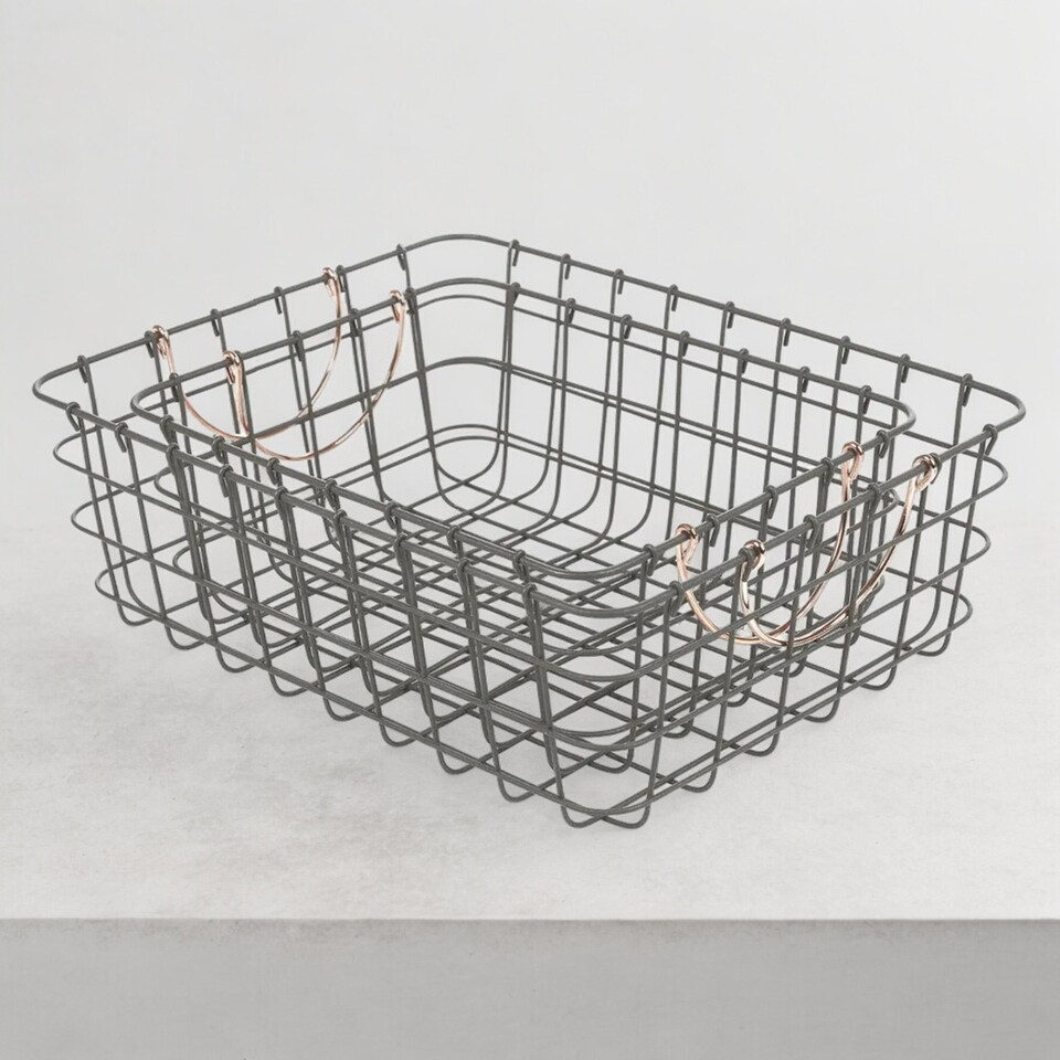 image 1 of 2-PC Rectangular Metal Wire Basket with Copper Handles