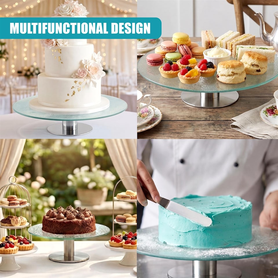 image 1 of GEEZY Rotating Cake Stand Serving Display Platter Silver Finish 30cm