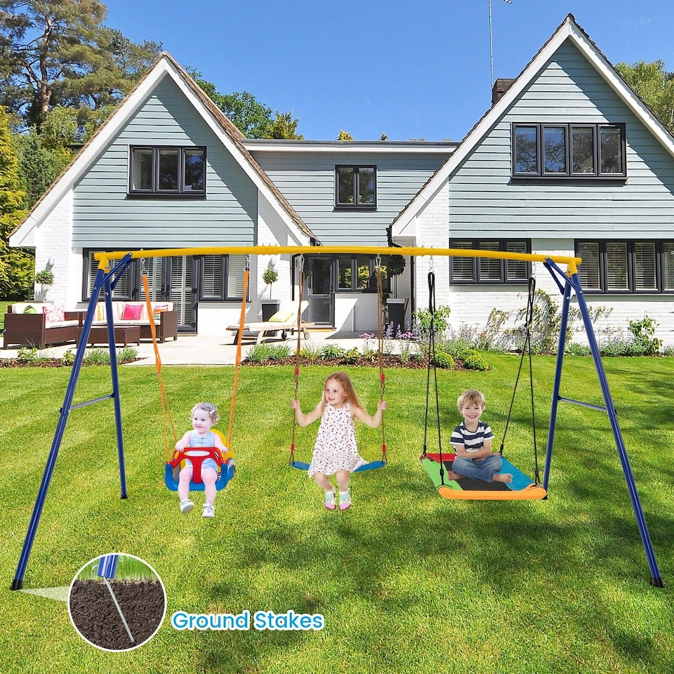 image 1 of COSTWAY 300 kg Heavy Duty Swing Set Backyard Kids Swing Set Indoor & Outdoor Playset