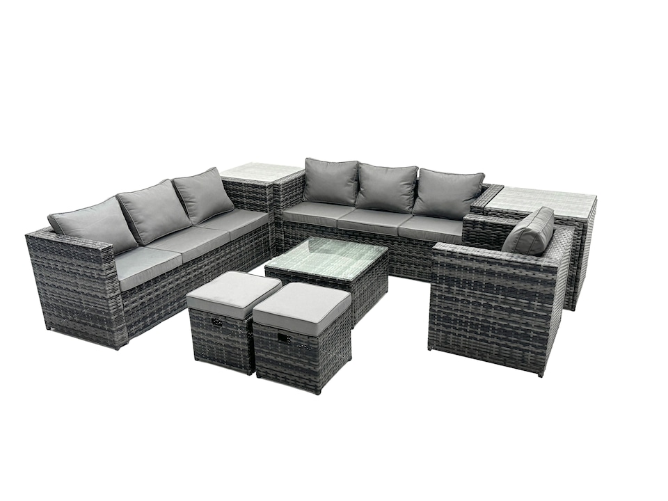 image 1 of Fimous Rattan Garden Furniture Dining Set 9-seater Patio Coffee Table Sofa Set with 2 Side Tables 2 Small Stools Dark Grey Mixed