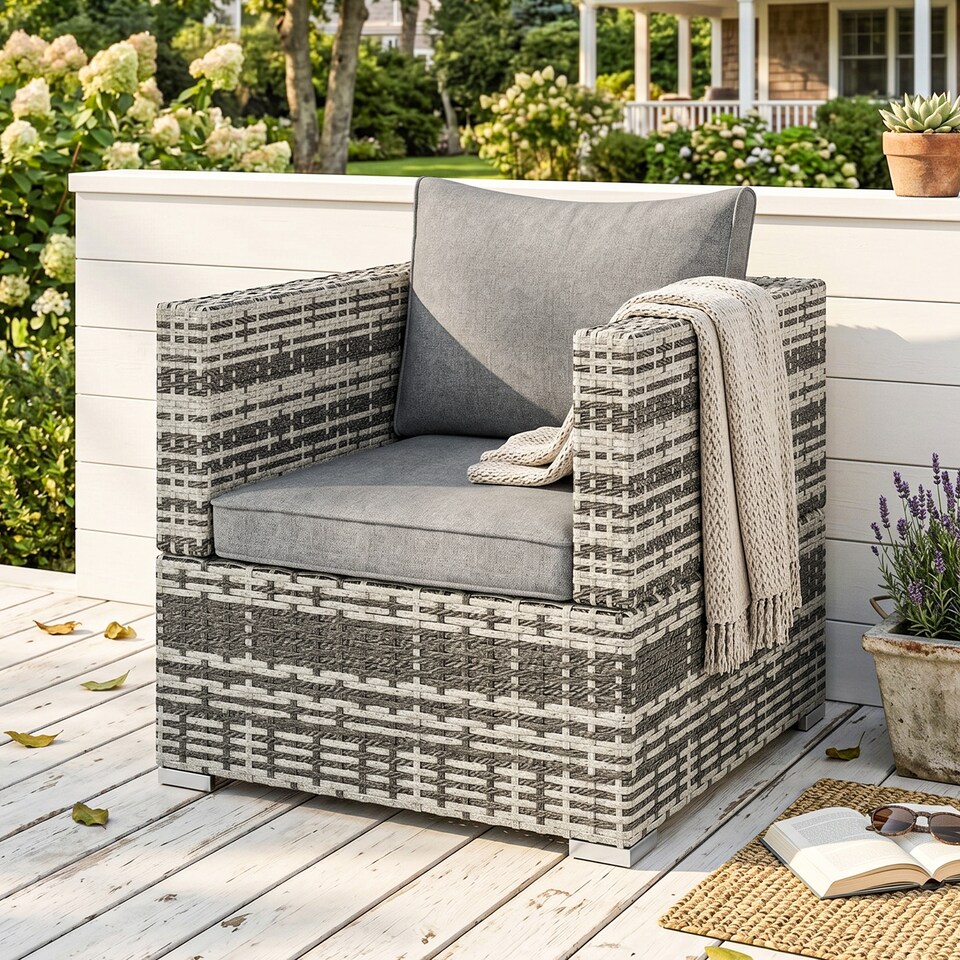 image 1 of Outsunny Single Wicker Furniture Sofa Chair w/ Padded Cushion for Garden Balcony | Grey